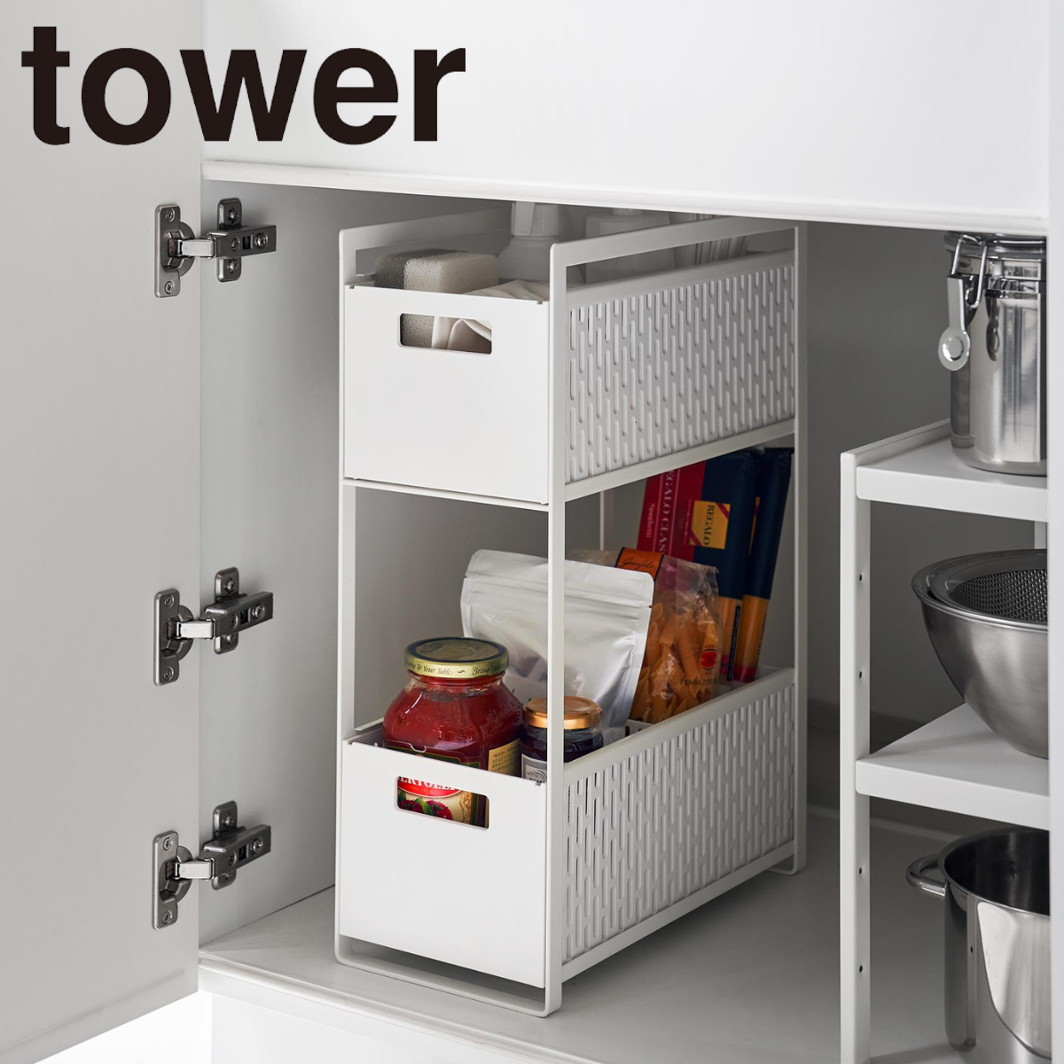 収納バスケット 2段 シンク下　タワー 2個セット　スライド 引き出し 5218 tower】シンク下収納バスケットタワー 2段 山崎実業 5218/5219