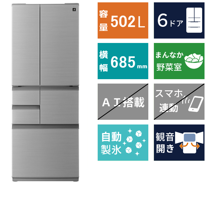 SHARP シャープ 6ドア 冷凍冷蔵庫 2020年製 502L シャープ フレンチ6ドア冷凍冷蔵庫 502L プラズマクラスター搭載