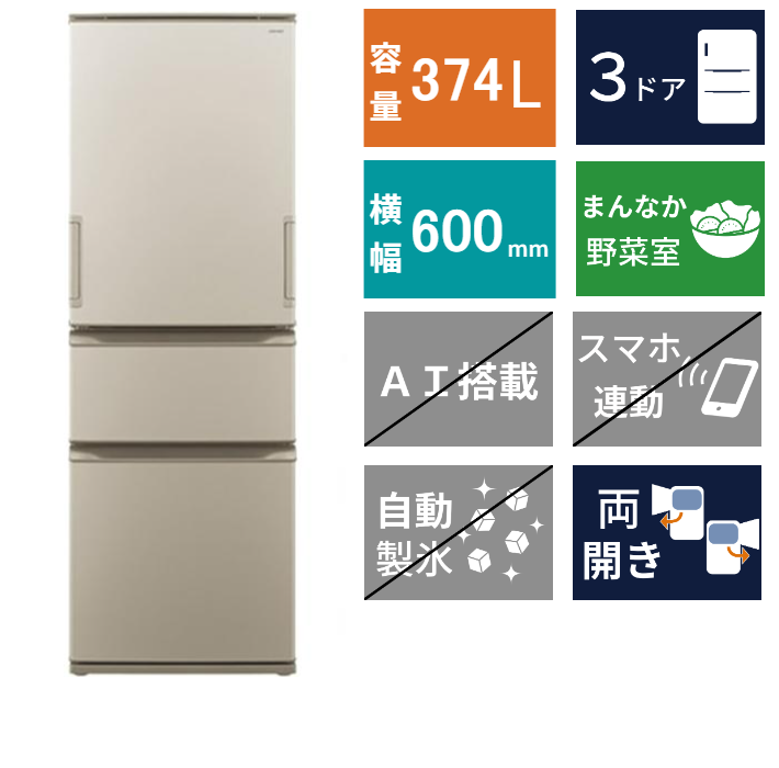 三段冷凍庫 3ドア冷凍冷蔵庫 SJ-X373P(374L)