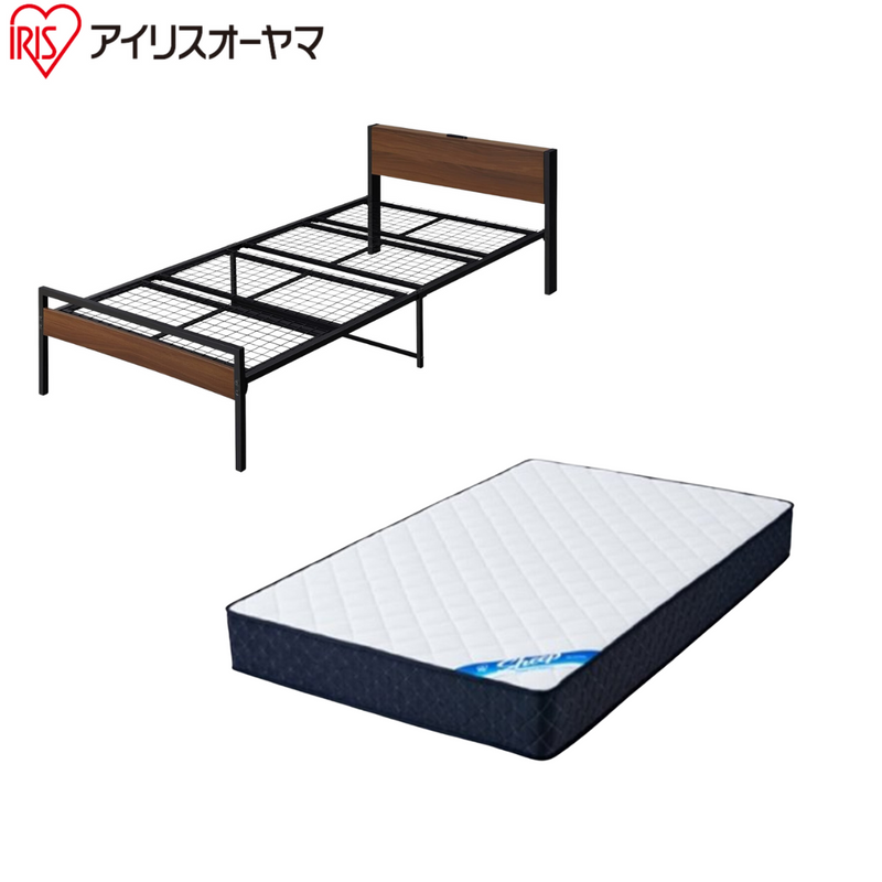 【アイリスオーヤマ】<br>寝具2点セット　宮付きウッドパイプベッド＋ポケットコイルマットレス