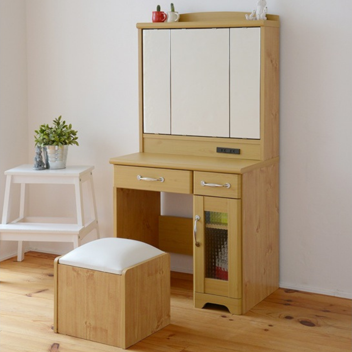 お客様組立品】 Lycka landシリーズ 三面鏡ドレッサー スツール付き