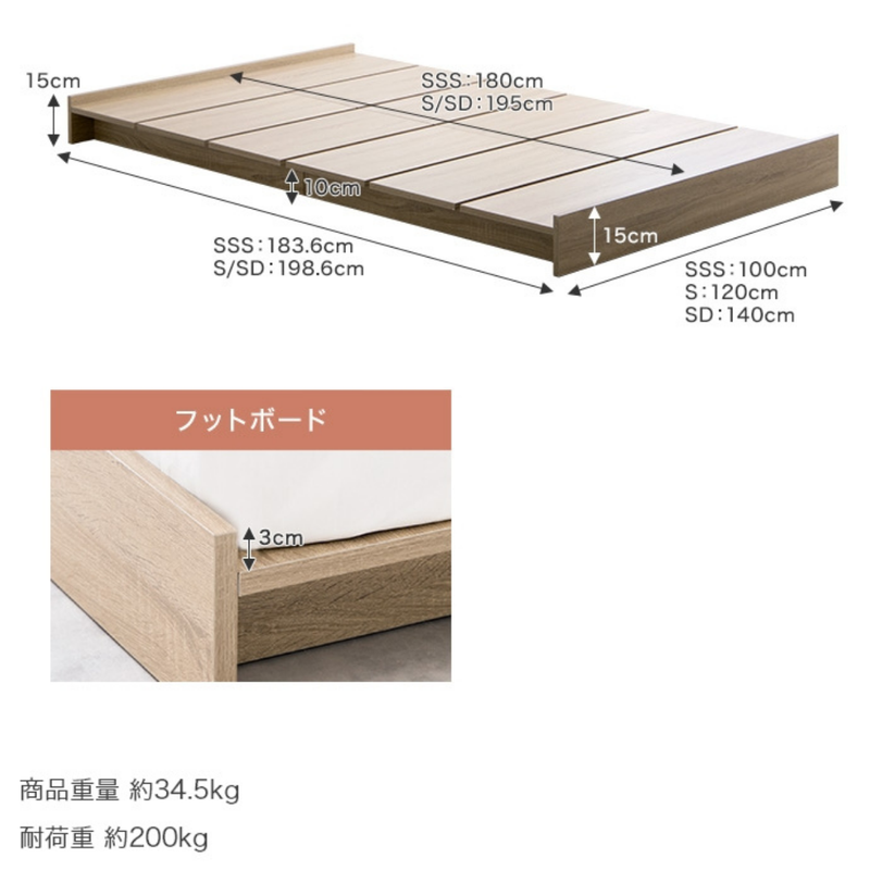 【お客様組立商品】Yuseong 幅100cm幅広すのこローベッド　ヘッドボードレス　セミシングルショート　