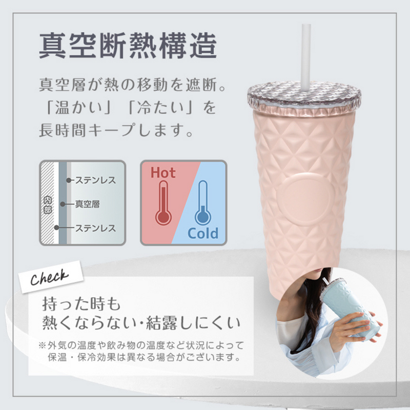 タンブラー 大容量 590ml ステンレス ストロー・蓋付き全7色
