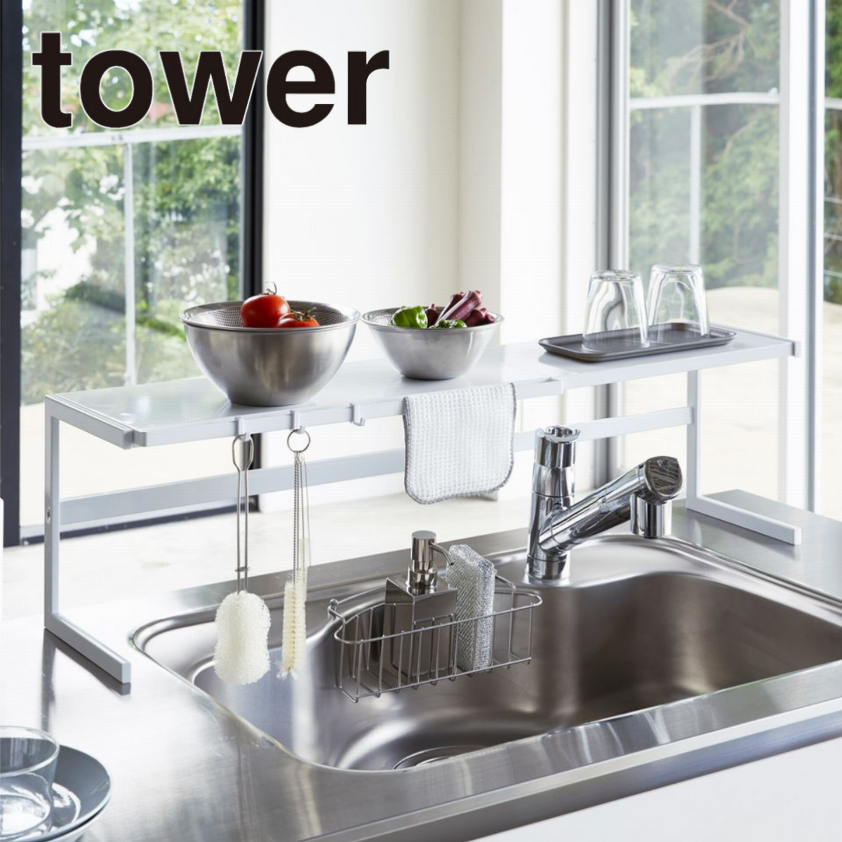 tower】伸縮キッチンサポートラック ホワイト ブラック 山崎実業4480/4481