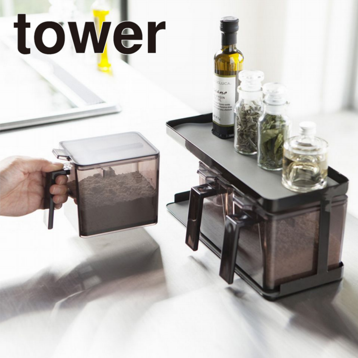 tower】調味料ストッカー&ラック 3個セット ホワイトブラック