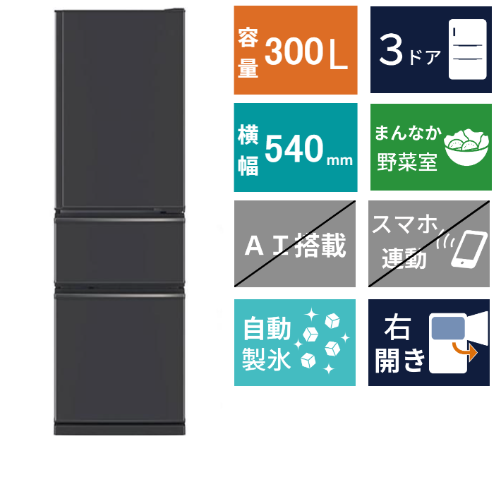 3ドア冷凍冷蔵庫　MR-CX30M(300L)